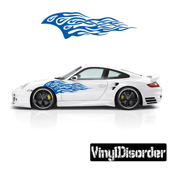 Blue tribal flame vinyl decal for car, placed on hood and side panel