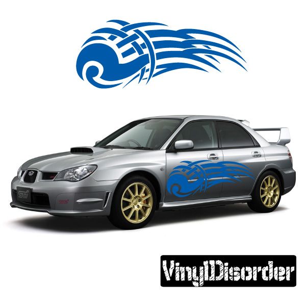 Blue tribal flame swirl vinyl decal for car doors, removable and weatherproof