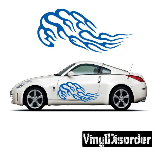 White car side vinyl decal with blue tribal flame graphic along doors