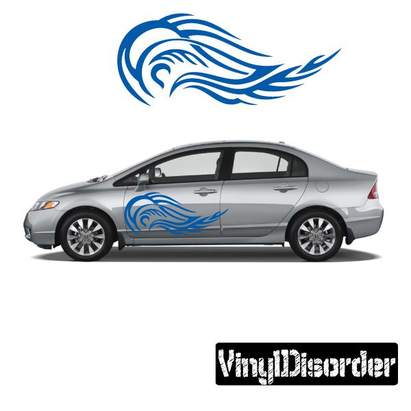 Blue tribal flame vinyl decal set for car doors and side panels