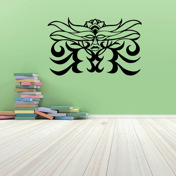 Floral tribal lady wall decal with black and green ornate flower design