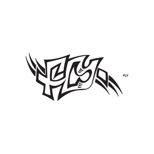 Graffiti fly decal with tribal lettering and wing, black and white