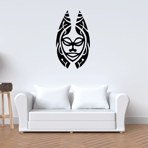 Tribal horned mask decal, black tribal face with horns and ornamental lines