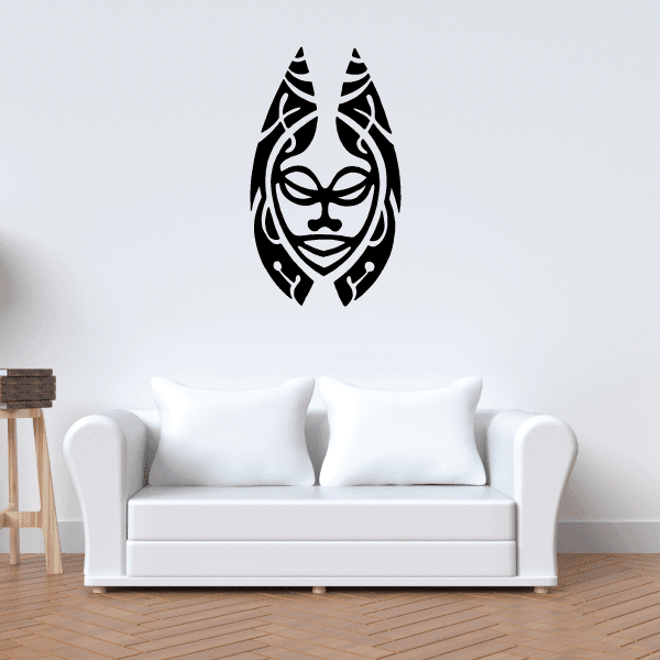 Tribal horned mask decal, black tribal face with horns and ornamental lines