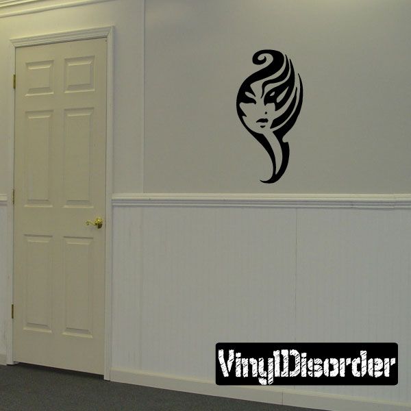 Tribal goddess face decal, black profile silhouette with flowing hair design