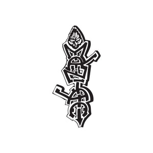Tribal manga graffiti decal, bold black line-art character with geometric glyphs