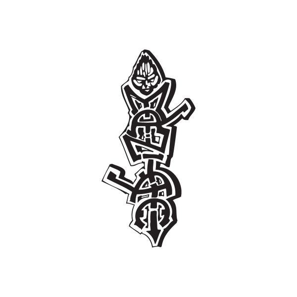 Tribal manga graffiti decal, bold black line-art character with geometric glyphs