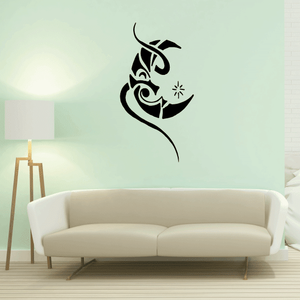 Tribal moon wall decal with black crescent and face swirl design