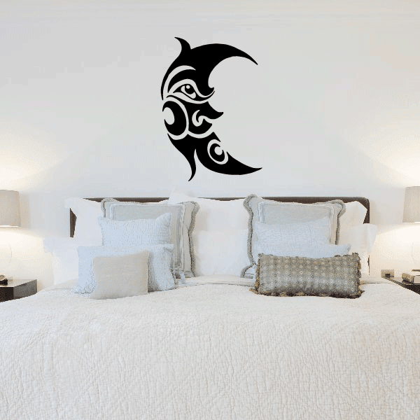 Tribal moon face wall decal: black crescent with tribal face design