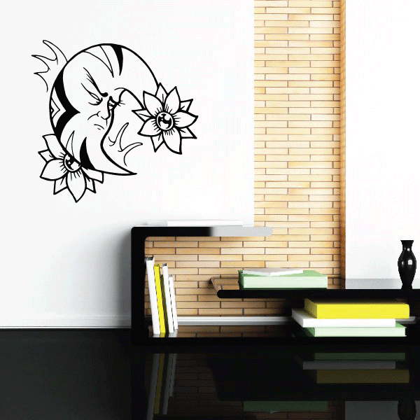 Crescent moon with flowers tribal wall decal in black and white outline