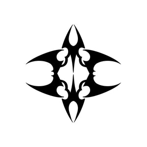 Tribal car vinyl decal, black flame-and-swirl emblem with pinstripe lines