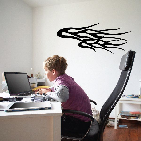 Black tribal pinstripe wall decal with bold flame-like design on vinyl