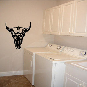 Tribal bull head wall decal, black vinyl with long horns and geometric details