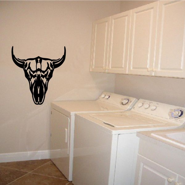 Tribal bull head wall decal, black vinyl with long horns and geometric details