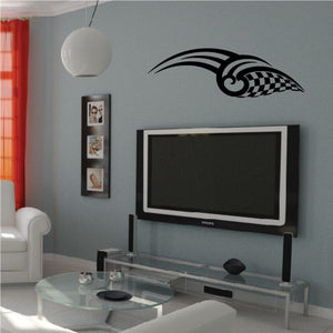 Tribal pinstripe wall decal with black checkered wave and curved stripe design