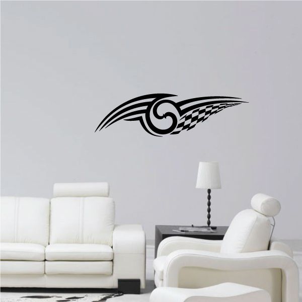 Tribal pinstripe wall decal, black tribal swirl and check stripe graphic