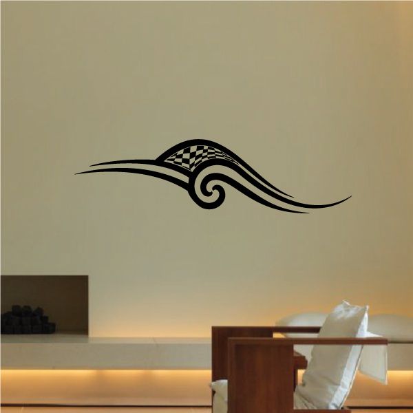 Tribal pinstripe wall decal with black-and-white checker center and flowing swirl design