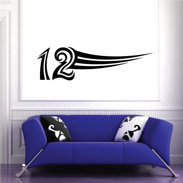 Tribal pinstripe number 12 wall decal in black with white swirls, vinyl sticker