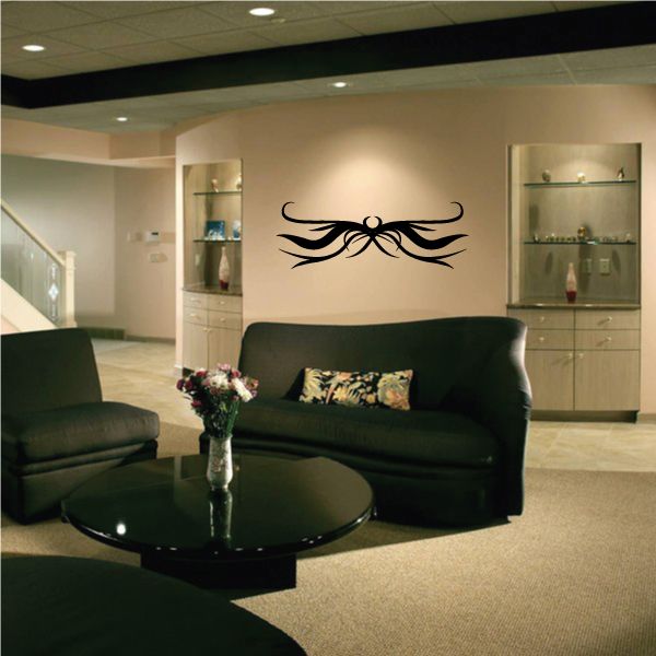 Black tribal wall decal with symmetrical scroll design, vinyl sticker for wall