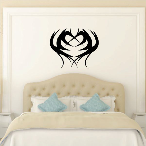 Tribal pinstripe wall decal with black swirling flame-like emblem