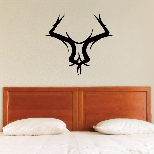 Tribal antler wall decal, black vinyl skull motif with sharp lines