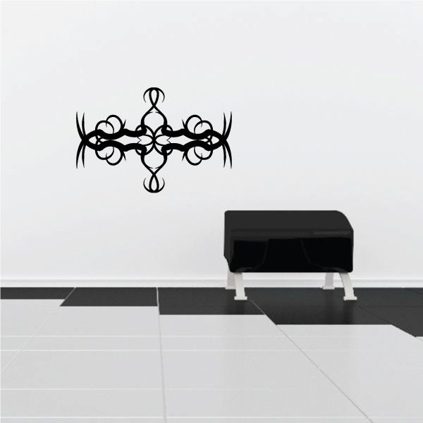 Tribal wall decal, black ornate cross with scrollwork, vinyl pinstripe style