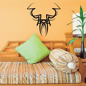 Tribal pinstripe wall decal: black horned skull with detailed lines