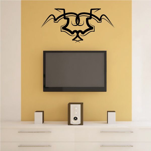 Tribal pinstripe wall decal, black abstract winged emblem with symmetrical lines