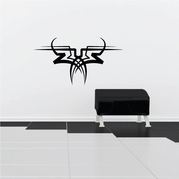 Black tribal pinstripe wall decal with antlered head icon in vinyl style