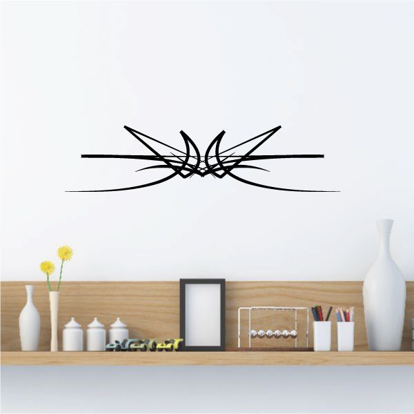 Tribal pinstripe wall decal, black wing-like flourish graphic with central burst
