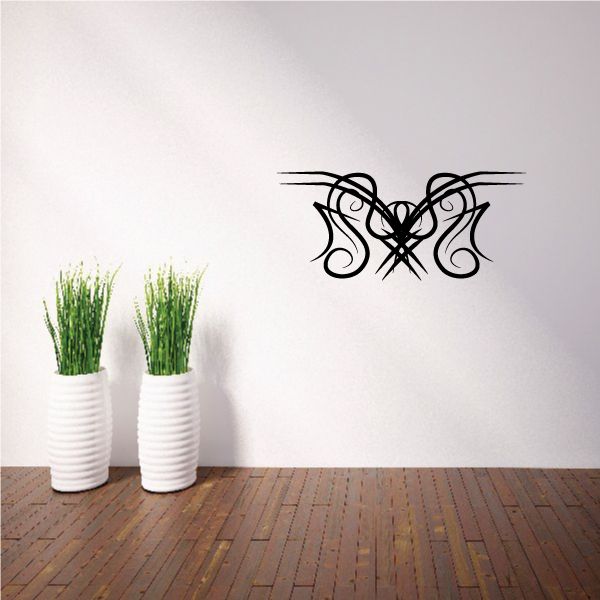 Tribal pinstripe wall decal, black ornate butterfly design