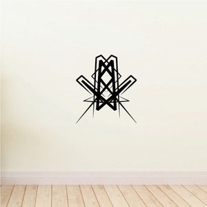 Tribal pinstripe wall decal with black geometric emblem, vinyl graphic