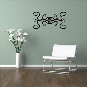 Tribal pinstripe wall decal with ornate black swirl design