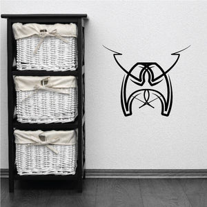 Tribal pinstripe vinyl wall decal with black stylized emblem and curved lines