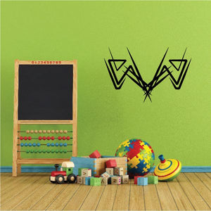 Tribal pinstripe wall decal with black V-shaped tribal emblem