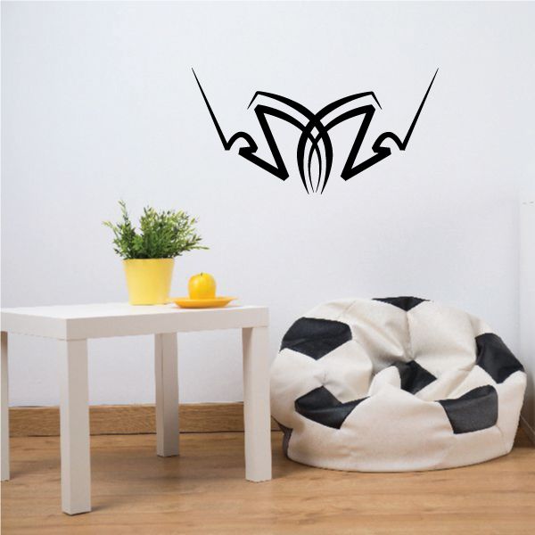 Tribal pinstripe wall decal, black stylized emblem with line details and arrows