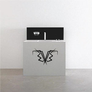 Tribal pinstripe wall decal with bold black geometric emblem and spiky line design