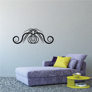 Tribal pinstripe wall decal in black with curving scroll and swirl design