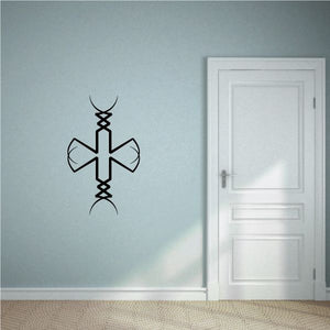 Tribal wall decal of black pinstripe cross emblem, vinyl sticker