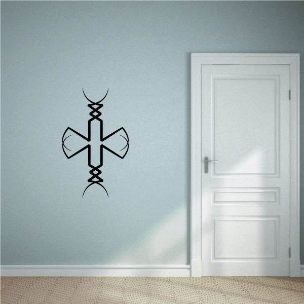 Tribal wall decal of black pinstripe cross emblem, vinyl sticker