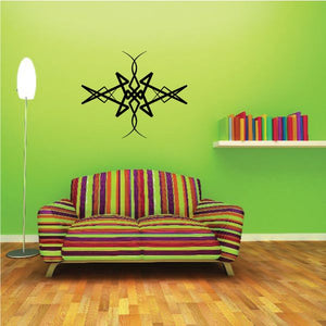 Tribal pinstripe wall decal, black starburst line art with sharp symmetrical lines.