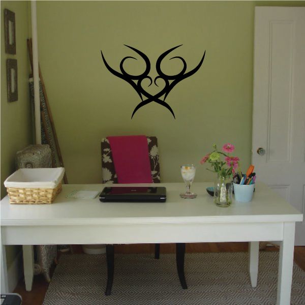 Tribal wall decal in black with abstract swirl and cross pinstripe
