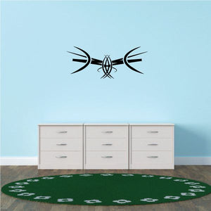 Tribal pinstripe wall decal with central oval and arrow motifs, black