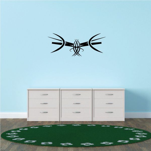 Tribal pinstripe wall decal with central oval and arrow motifs, black