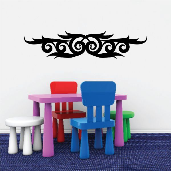 Black tribal pinstripe wall decal with ornate scroll center and side flourishes