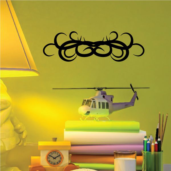 Tribal swirl vinyl wall decal, black pinstripes