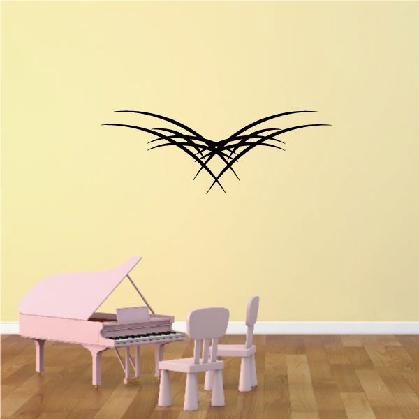 Tribal pinstripe wall decal: black cross-hatched bird graphic with curved wings