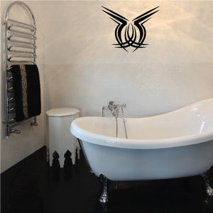 Tribal pinstripe vinyl wall decal with black emblem above a bathtub