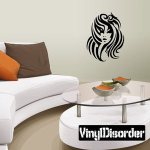 Tribal sea goddess vinyl decal, black profile face with flowing hair swirls