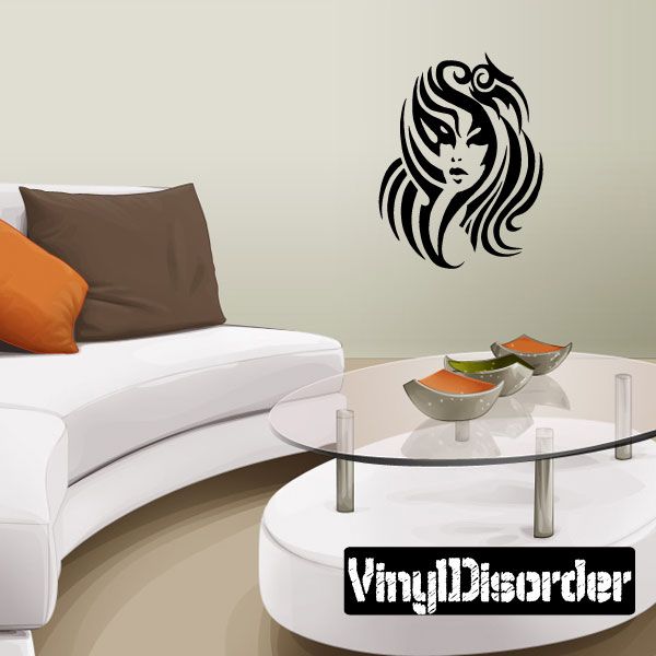Tribal sea goddess vinyl decal, black profile face with flowing hair swirls